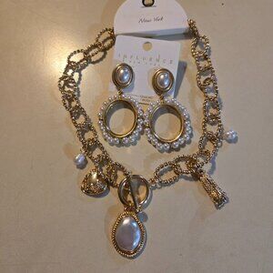 5 charm gold necklace with coordinating pearl hoop earrings, NWT